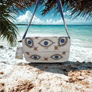 🧿✨ Embroidered Evil Eye Shoulder Bag – Silver & Blue ✨🧿
